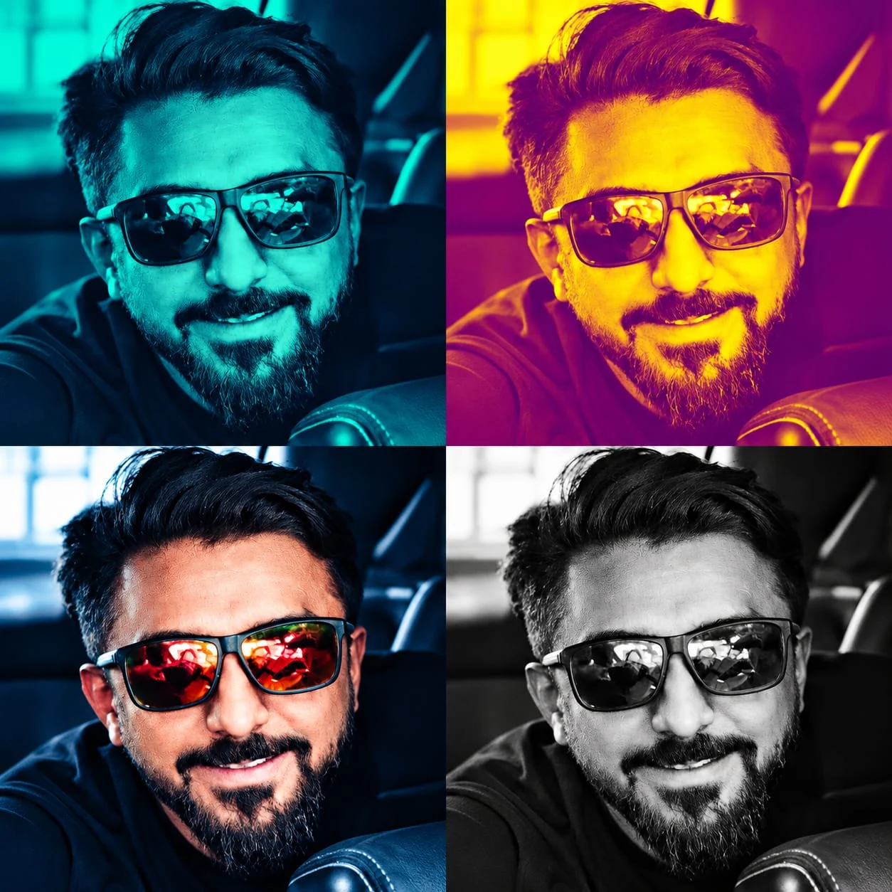 Abhi, smiling, in four colour-treated portraits: teal, gold and violet, natural colour, and black and white